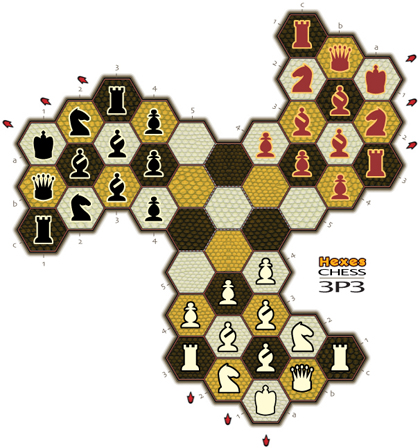 Illustration of Hexes 3-pawn chess for three players.