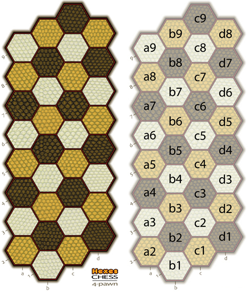 drawing of Hexes Chess 4-Pawn chess board