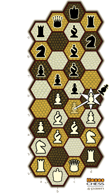 drawing of the 4-pawn board showing a bishop capturing a queen