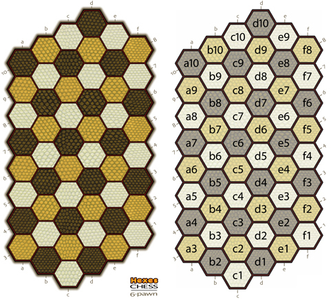 drawing of Hexes Chess 6-Pawn chess board