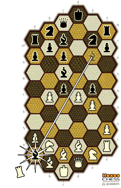 drawing of the 6-pawn board showing a bishop capturing a queen