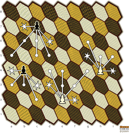 drawing of the 9-pawn board with pawn moves shown