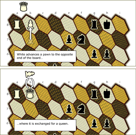 drawing of the 9-pawn board with pawn promotion shown