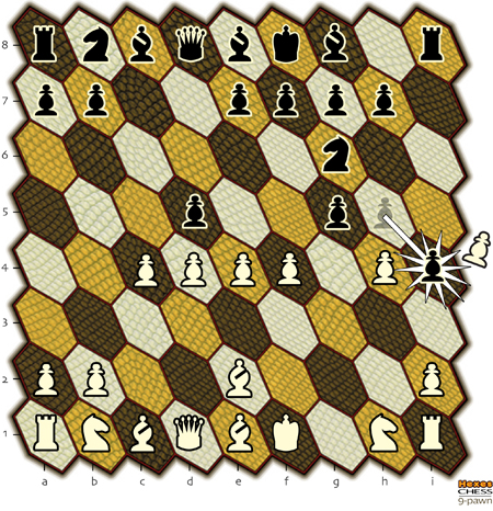 drawing of the 9-pawn board showing a black pawn capturing a white pawn
