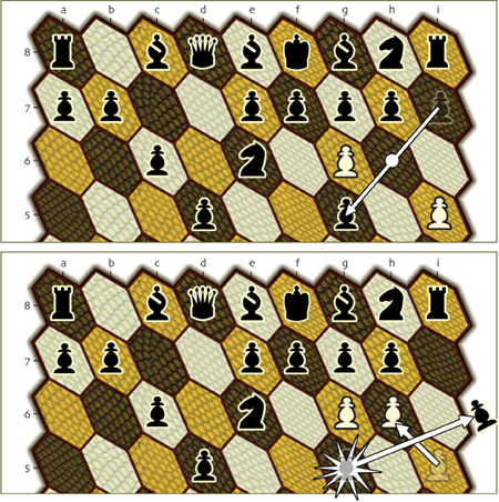 drawing of the 9-pawn board showing another example of en passant capture
