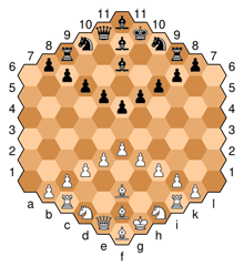 drawing of Glinski's 91-hexagon chess board